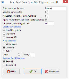 Screenshot R Commander / Einlesen der Textdaten aus Datei, Zwischenablage oder URL