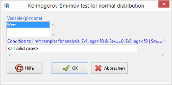 R Commander / EZR Dialog Kolmogorov-Smirnov-Test