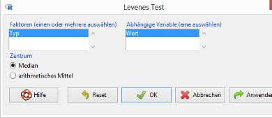 R Commander / Levene-Test auf Varianzgleichheit