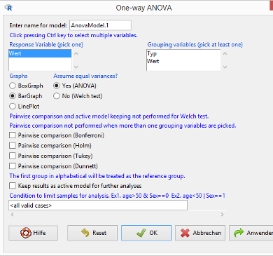 R Commander / EZR Dialog Einfaktorielle Varianzanalyse