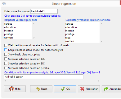 R Commander / EZR Dialog Lineare Regression