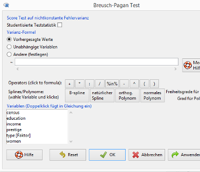 R Commander / Dialog Breusch-Pagan-Test auf Heteroskedastizität