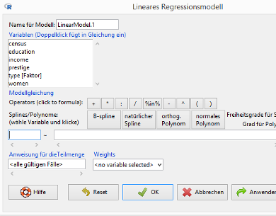 R Commander / Dialog Lineares Regressionsmodell